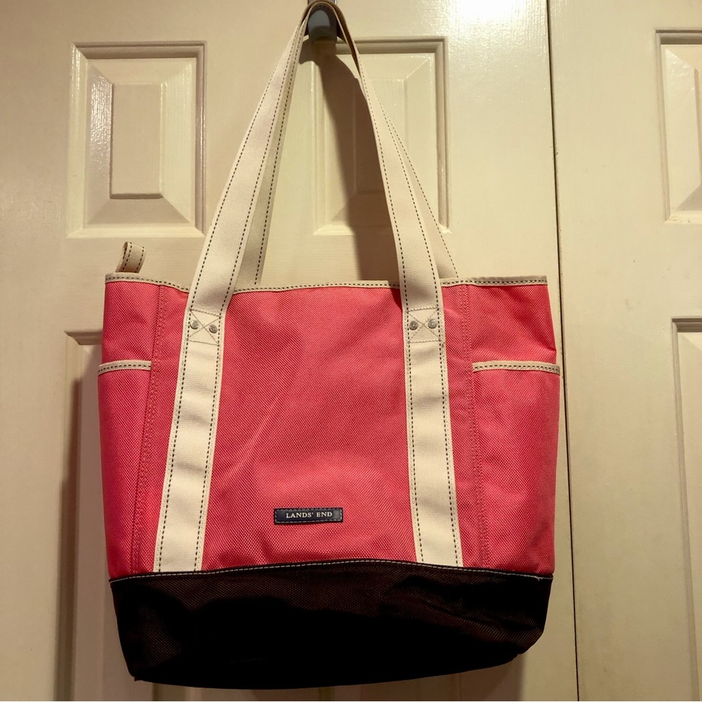 Lands' End Pink and Brown Canvas Tote